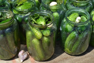 Village, cottage, farm, cellar. Tasty and healthy. Preservation, Spice. Blanks for the winter. Marinated Cucumber. Cucumbers in jars. Pepper. Horizontal