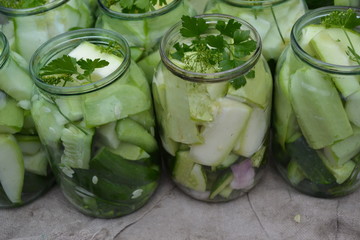 Tasty and healthy. Pepper. Homemade food. Natural products from the garden. Preservation. Marinated Cucumbers and zucchini