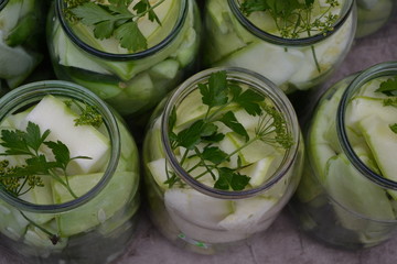 Tasty and healthy. Pepper. Homemade food. Natural products from the garden. Village. Preservation. Marinated Cucumbers and zucchini