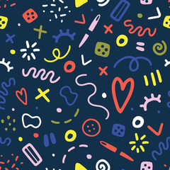 abstract doodle background. Sewing, knitting, embroidery and other crafts, simple shape illustrations, seamless vector pattern, good as fabric print, wrapping paper for crafts classes, blog or school