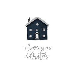 cute small blue house, winter congratulation card,
