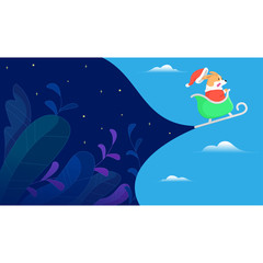 Cute dog wearing santa costume flying with sled and turning the sky into the night sky with floral and stars inside