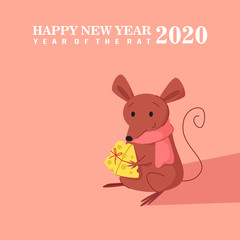 CUTE MOUSE HOLDING A CHEESE PRESENT. HAPPY NEW YEAR OF RAT 2020