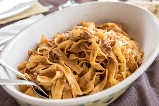 Pasta with cinghiale ragu served in a restaurant in Sicily, Italy
