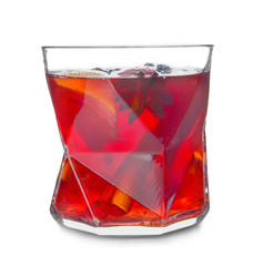 Glass of tasty mulled wine on white background