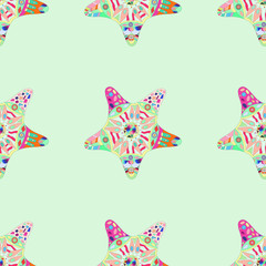Hand drawing with sea stars. Seamless pattern. Suitable for textiles, postcards, banners, and design. Vector illustration.