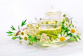 Herbal tea in a glass cup and teapot with fresh herbs (chamomile, motherwort, common yarrow) on white wooden background