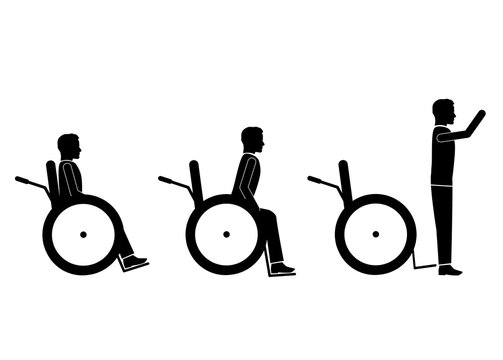 wheelchair man icon. disabled person rises from a chair. help and support concept. vector illustration.