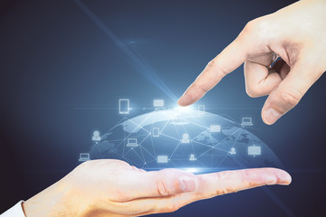 Hand pushing glowing social network interface