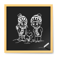 Romantic Couple Near Flower in Heart Shape Them Love. Illustration Suitable For Winter Greeting Card, Poster Or T-shirt Printing on Chalkboard