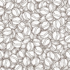 Vector hand getekend patroon van koffie zaden. Koffiebonen naadloze patroon op witte achtergrond. Naadloze koffie achtergrond met bonen en zaad van café. Eenvoudig koffiepatroon met lichte textuur