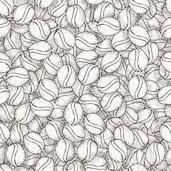 Tapeten Kaffee Vektor handgezeichnetes Muster von Kaffeesamen. Kaffeebohnen nahtlose Muster auf weißem Hintergrund. Nahtloser Kaffeehintergrund mit Bohne und Samen des Cafés. Einfaches Kaffeemuster mit leichter Textur