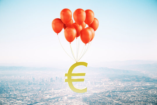 Flying euro symbol on red balloons