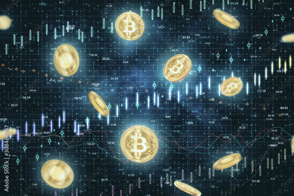 Poster glowing bitcoin and business statistic