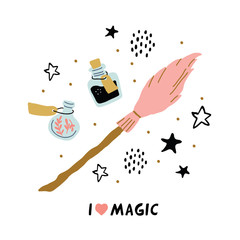 Fototapeta premium school of magic objects isolated - pink broom