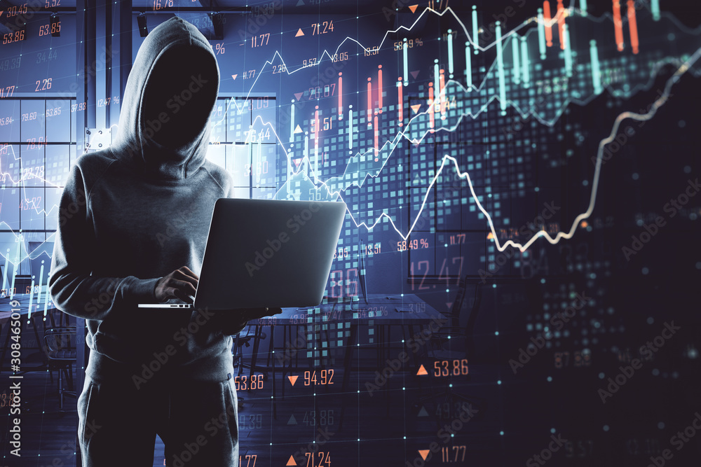 Poster Hacker with laptop using digital business interface