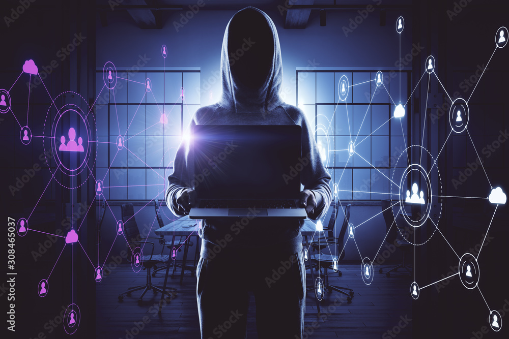 Poster Hacker using laptop with glowing human resource interface