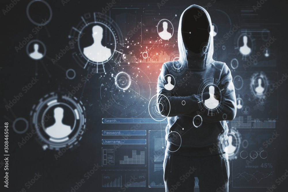 Poster hacker and human resources management concept