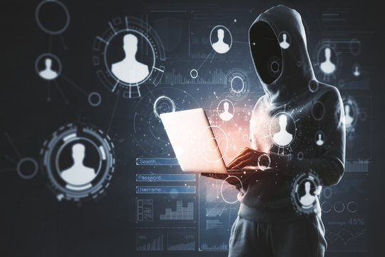 Hacker holding laptop with human resource interface