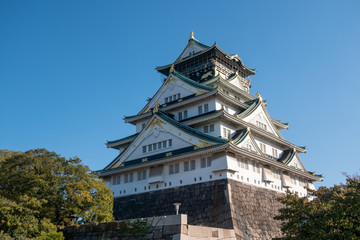 Osaka Castle in Osaka with autumn leaves. Japan Travel Concept
