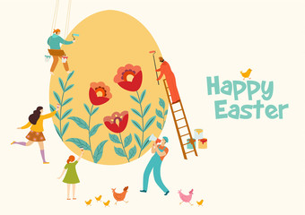Happy Easter. Creative idea template with happy people decorating easter egg. Vector illustration. Can be used for banner, poster, greeting card, postcard and print.
