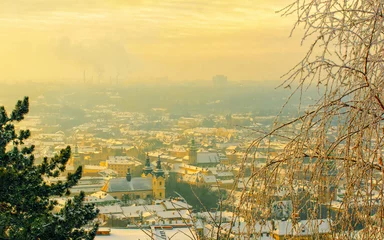 Foto op Canvas Panorama of the city in the rays of the setting sun. View from above. Roofs. Lviv. Ukraine. © Mykhailo