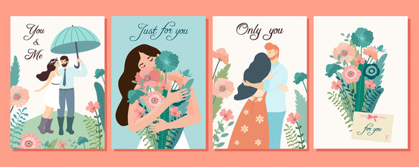 Fototapeta na wymiar Collection of romantic cards. Vector design concepts for Valentine's Day. Beautiful illustrations with flowers and loving couples.