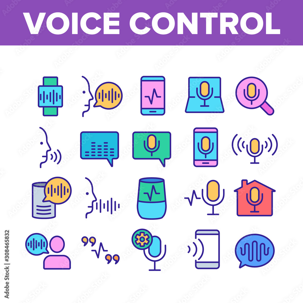 Poster voice control command collection icons set vector thin line. laptop and smartphone, smart home and a