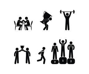 sport icon, competition and winners, stick figure man pictogram, people isolated silhouettes