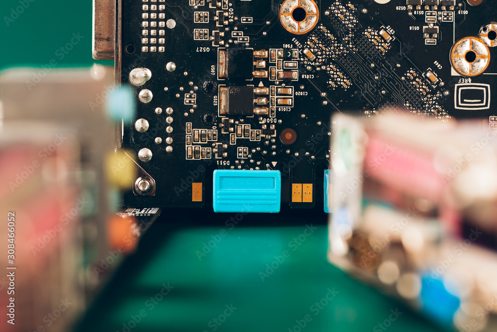 Poster computer electronic circuit board with processor close up