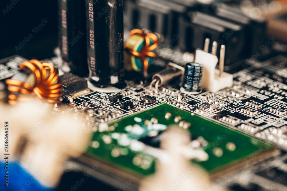 Poster computer electronic circuit board with processor close up