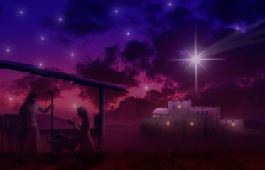 Obraz premium Christmas time. Manger with baby Jesus, Mary, Joseph and star of Bethlehem. Copy space.