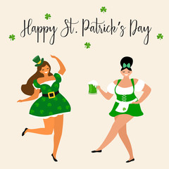 Saint Patrick 's Day. Template with funny dancing people in festive costumes. Vector illustration. Idea for banner, poster, card, postcard and printable.