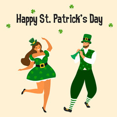 Fototapeta premium Saint Patrick 's Day. Template with funny dancing people in festive costumes. Vector illustration. Idea for banner, poster, card, postcard and printable.