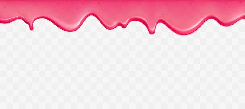 Dripping glossy pink slime with air bubbles isolated on transparent background. Border of flowing sticky sweet goo. Vector template of cream, jelly or caramel glaze for cake or donut.