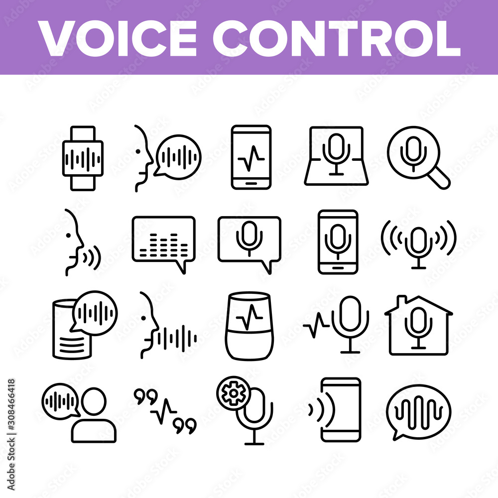 Poster voice control command collection icons set vector thin line. laptop and smartphone, smart home and a