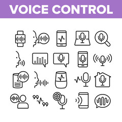 Voice Control Command Collection Icons Set Vector Thin Line. Laptop And Smartphone, Smart Home And Assistant Voice Control Concept Linear Pictograms. Monochrome Contour Illustrations