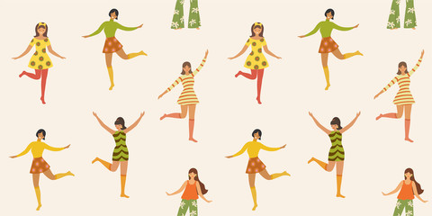 Fototapeta premium Pattern with cute dancing girls in retro style. Vector seamless texture.