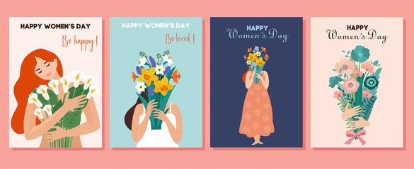 Collection of spring cards. International Women's Day. Vector illustration with cute women and bouquet of flowers. Beautiful template. Can be used for banner, poster, card, postcard and printable.