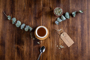 eucalyptus infusion with spoon, top-view