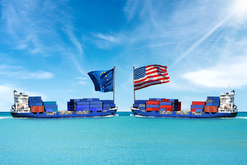 USA and EU trade war concept. Two cargo container ships with the European Union and United states...