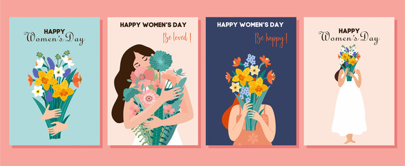 Collection of spring cards. International Women's Day. Vector illustration with cute women and bouquet of flowers. Beautiful template. Can be used for banner, poster, card, postcard and printable.