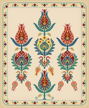 Illustration with various whimsical flowers. Suzani tribal style. 