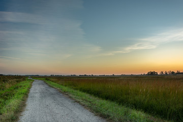 Gravel road through the meadow, horizon and sky after sunset