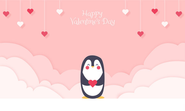 Happy Valentine's Day - Geschenkkarte, Süßer Pinguin hält Herz. Hintergrund in Papierschnitt, Wolken und Herzen hängen von der Decke Banner	