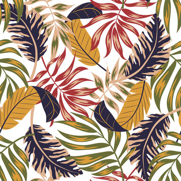 Colorful seamless pattern. Tropical plants and leaves on white background. Exotic wallpaper, Hawaiian style. Jungle leaves. Botanical pattern. Vector background for various surface. 