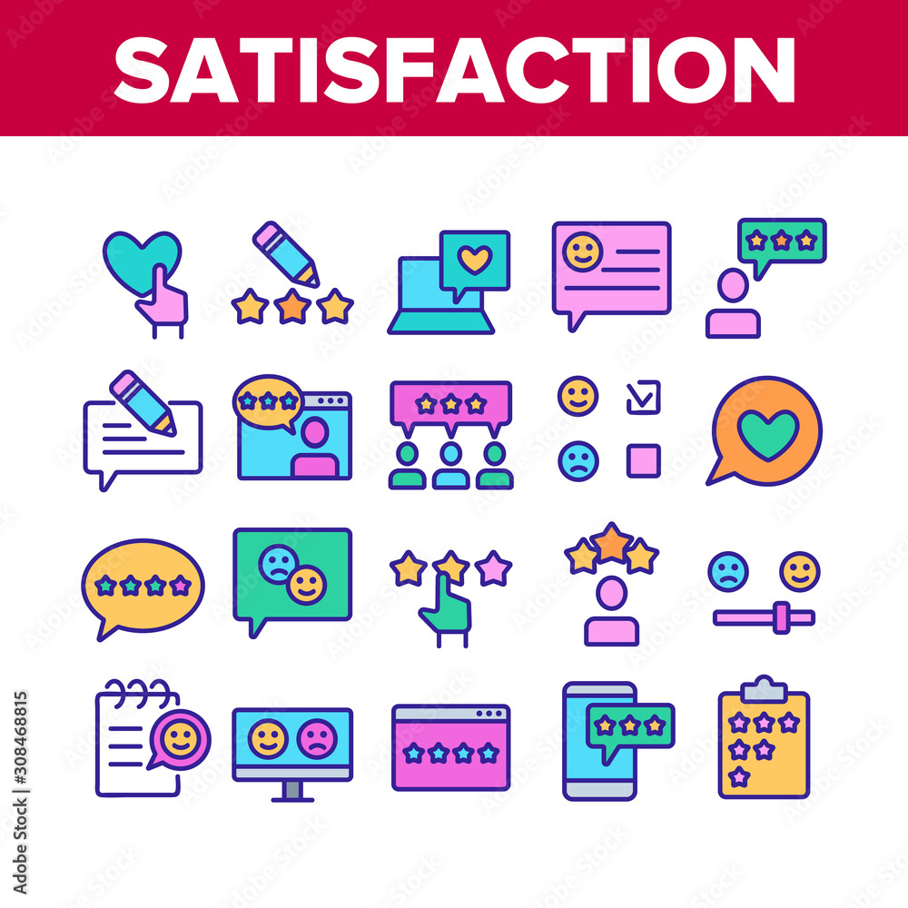 Poster satisfaction feedback collection icons set vector thin line. happy and unhappy smiles on computer sc