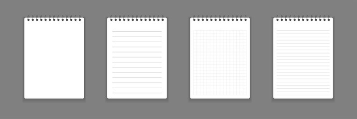 Realistic notebook or notepad with binder isolated. Memo note pad or diary with lined and squared paper page templates. Vector illustration