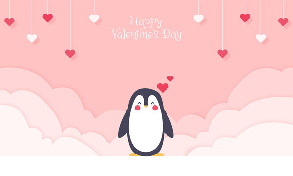 Happy Valentine's Day - Geschenkkarte, Süßer Pinguin. Hintergrund in Papierschnitt, Wolken und Herzen hängen von der Decke Banner	