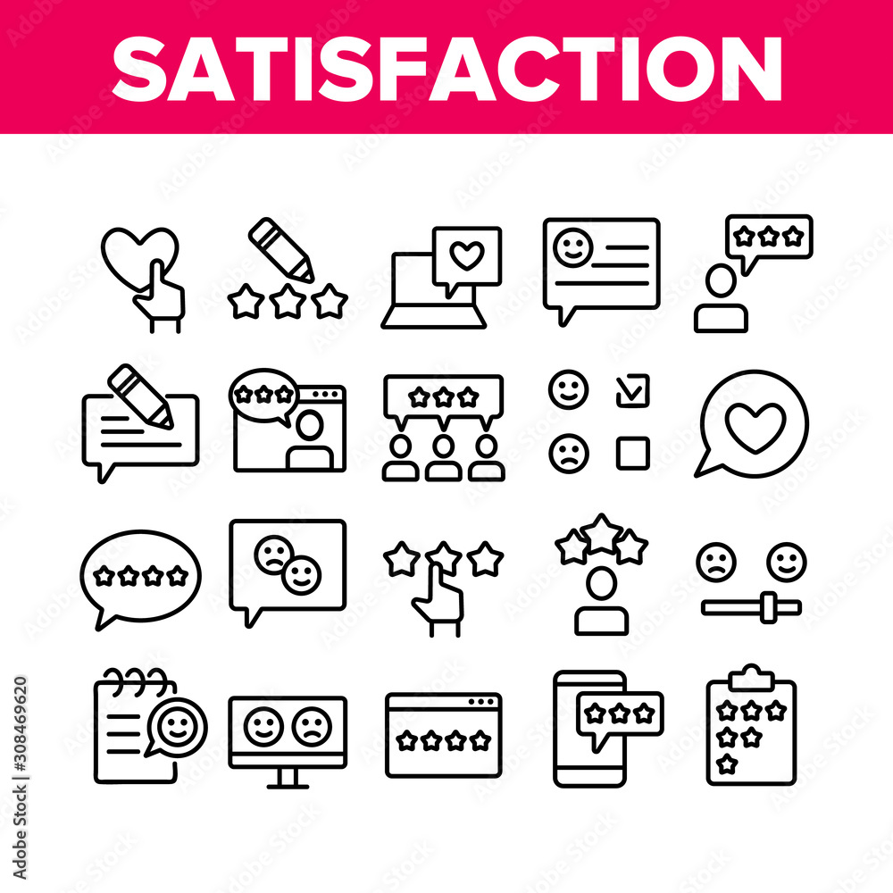 Poster satisfaction feedback collection icons set vector thin line. happy and unhappy smiles on computer sc